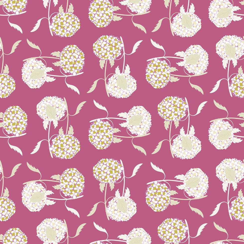 Summer bright seamless pattern with white hydrangea flowers shapes print. Pink background. vector