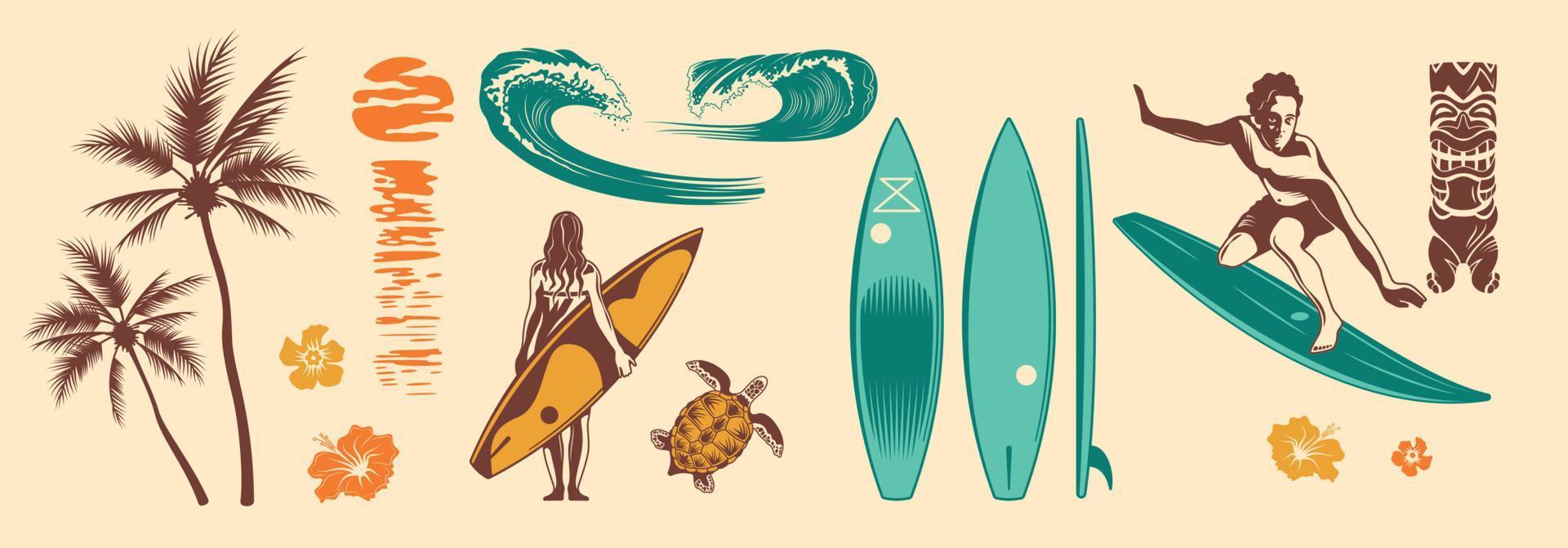 Surfing Hand Drawn Color Set vector