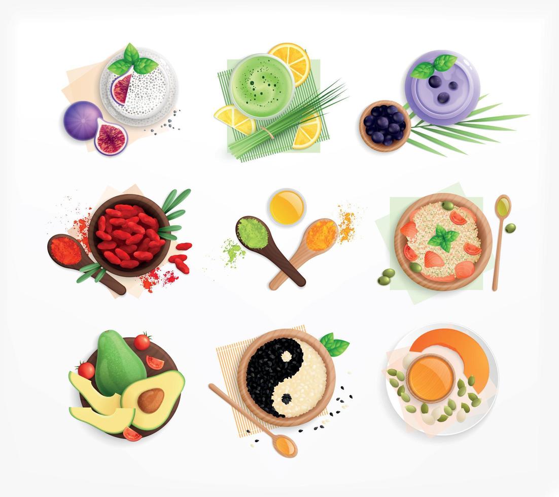 juego de platos planos de superalimento vector