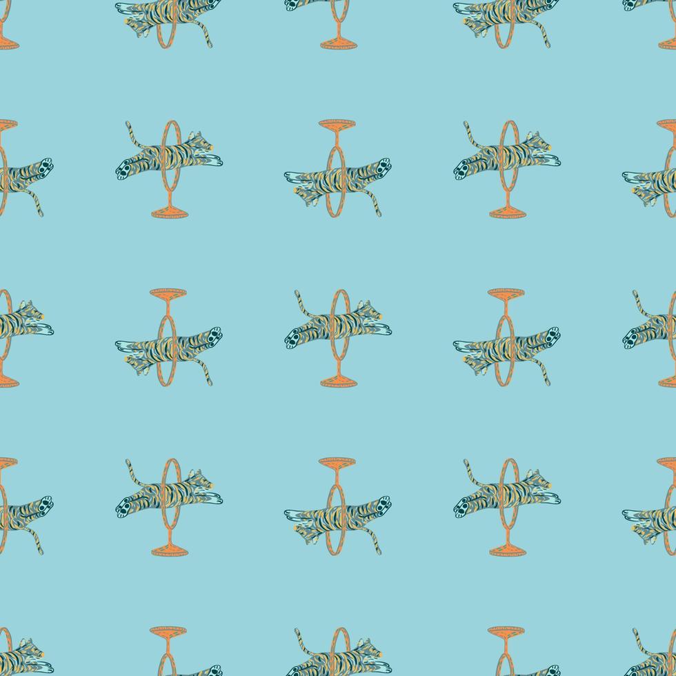Wild zoo seamless pattern with doodle jumping tigers print. Blue bright background. Simple circus backdrop. vector