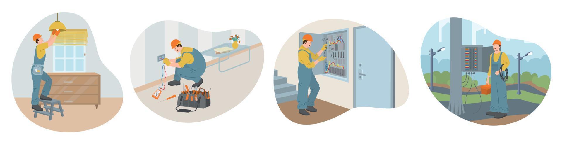 trabajadores electricos composiciones planas vector