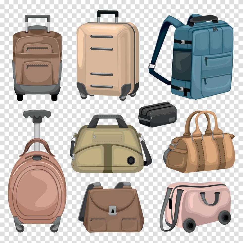 Conjunto transparente de bolsos y maletas. vector