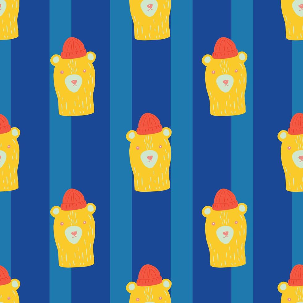 Bright funny seamless pattern with yellow bear heads elements. Striped navy blue background. Red hats elements. vector