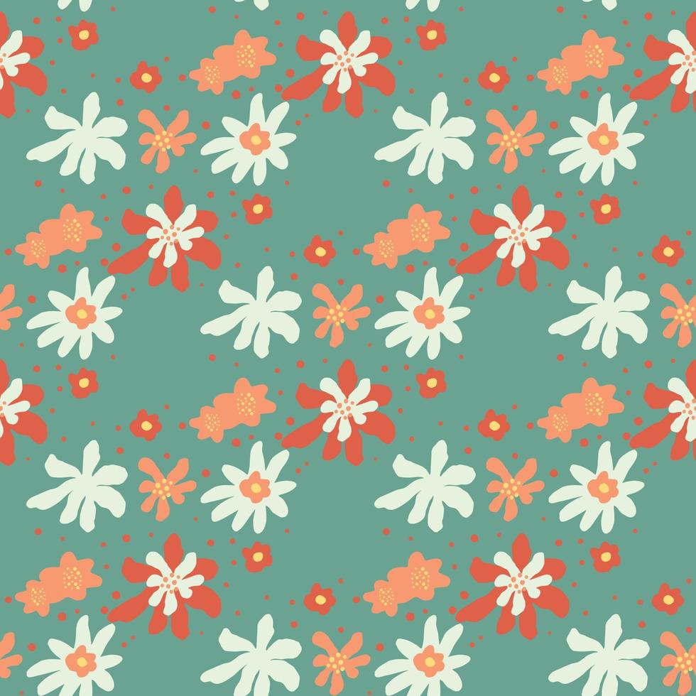 Pastel palette seamless pattern with white, red and orange flowers abstract print. Blue background. vector