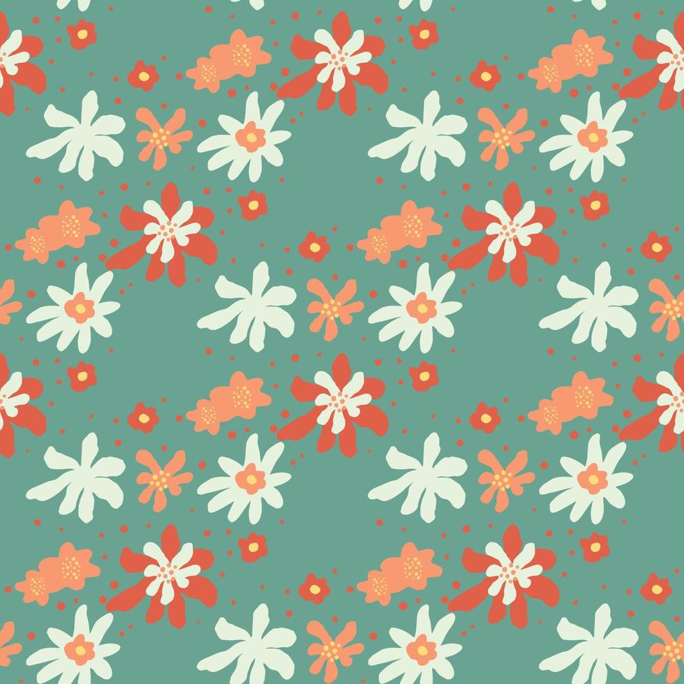 Pastel palette seamless pattern with white, red and orange flowers abstract print. Blue background. vector