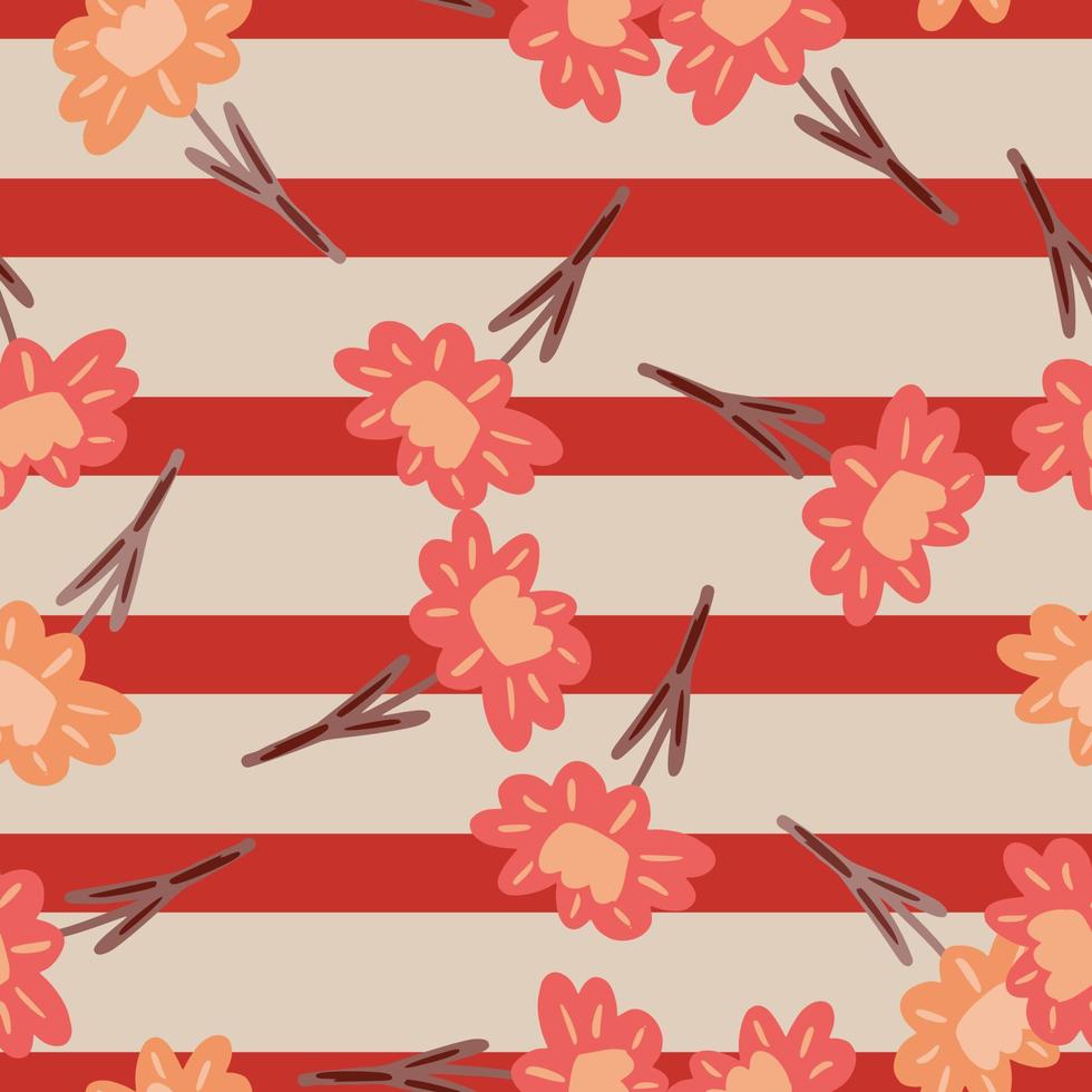 Bloom vintage seamless pattern with simple flower elements print. Red and grey striped background. vector