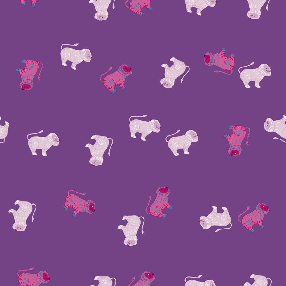 Cartoon seamless pattern with little lion shapes ornament. Purple background. Africa animal backdrop. vector