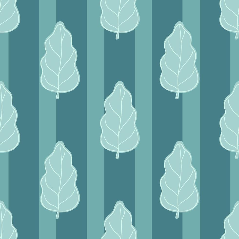 Blue colors seamless pattern with doodle oak leaves elements. Striped simple background. vector