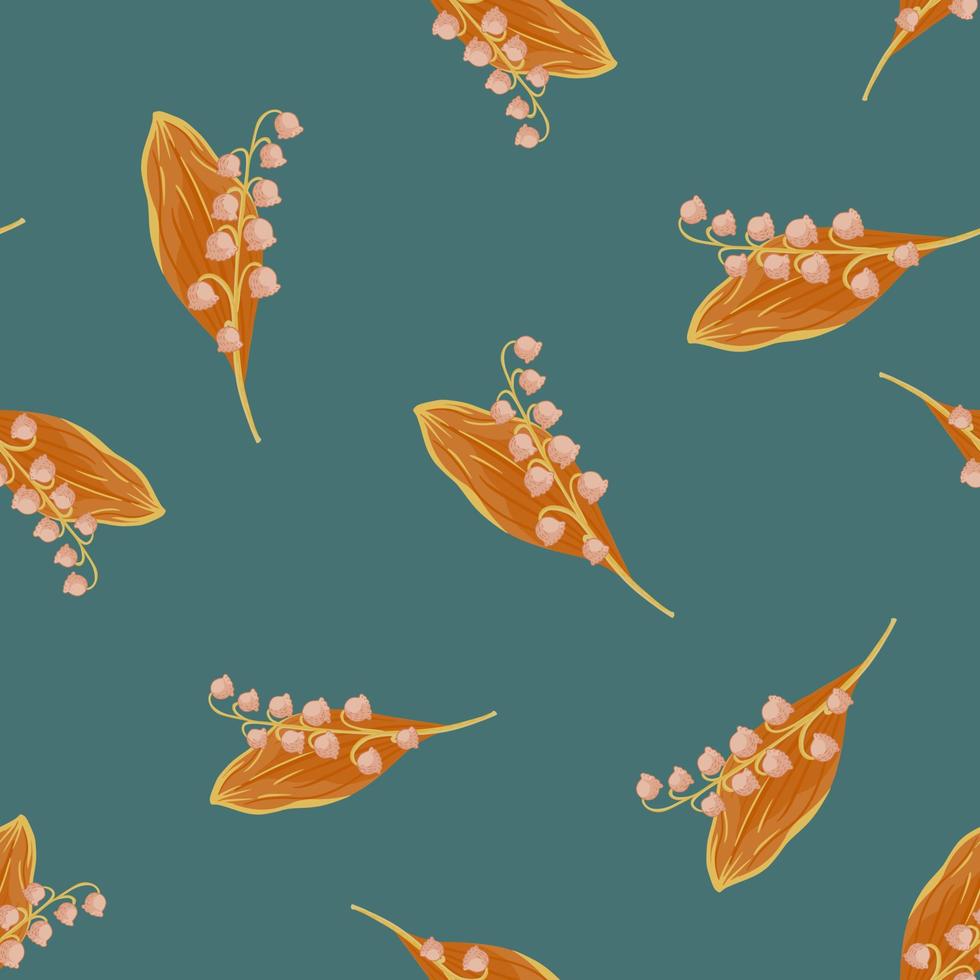 Orange random lily of the valley spring flowers seamless pattern. Turquoise background. Doodle style. vector