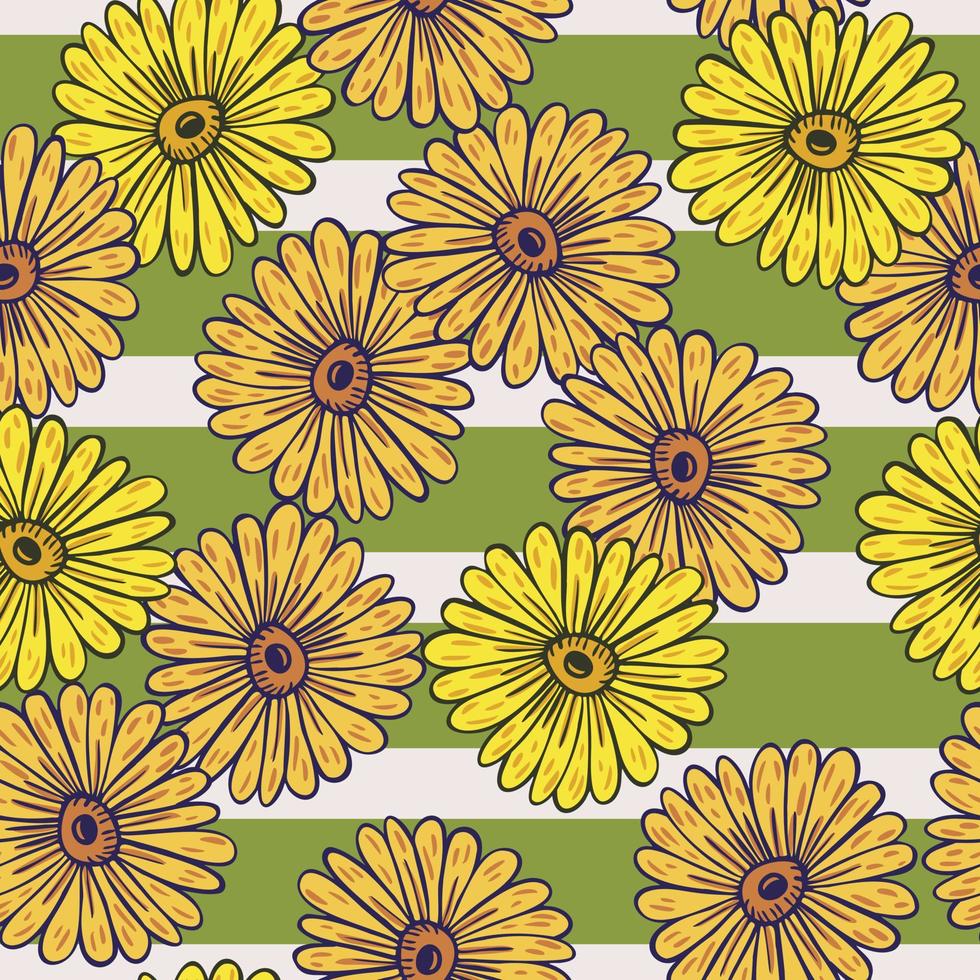 Vintage seamless pattern with contoured sunflowers elements. Green and grey striped background. vector