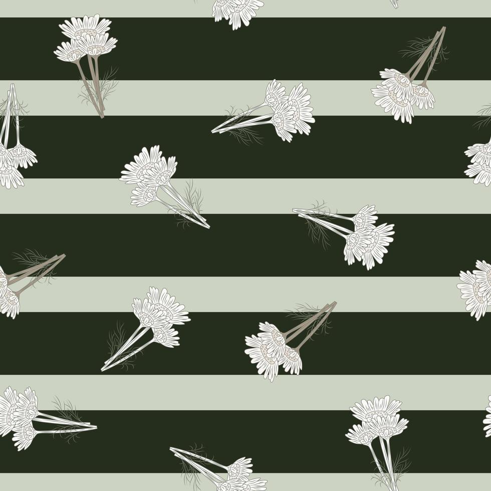 Seamless pattern chamomile on stripes black background. Beautiful ornament summer white flowers. vector