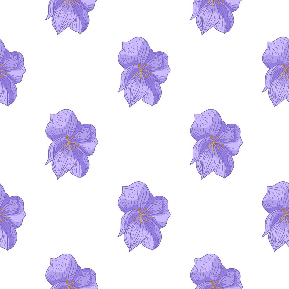 Isolated seamless doodle pattern with outline blue flower silhouettes. White background. Blossom backdrop. vector
