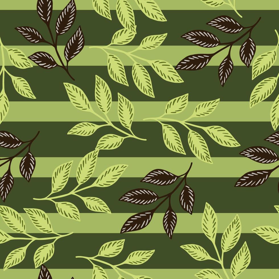 Random greenery seamless pattern with random leaves branches ornament. Green striped background. vector