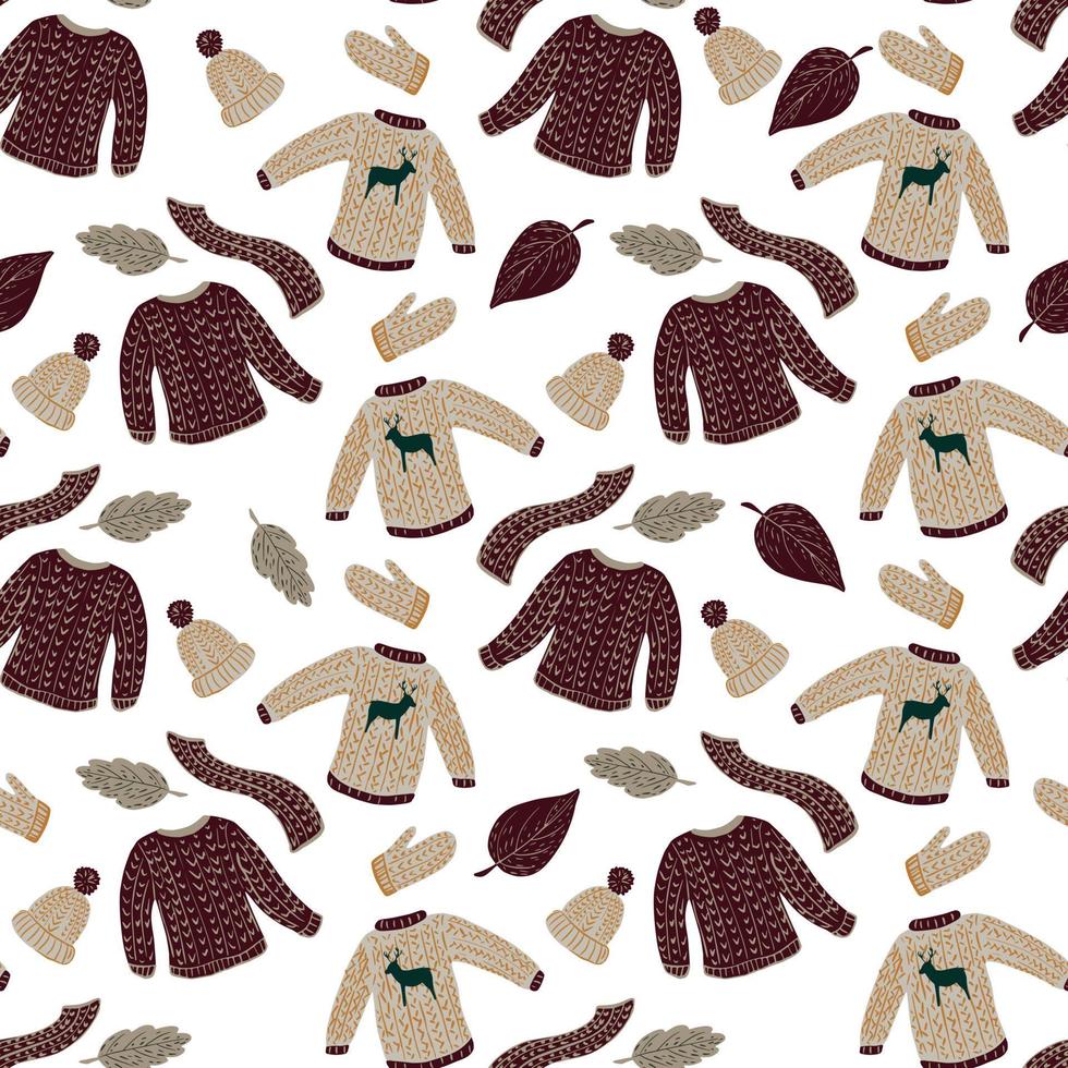 Isolated winter clothes seamless pattern with doodle scarf, mittens, hats, sweaters print. White background. vector