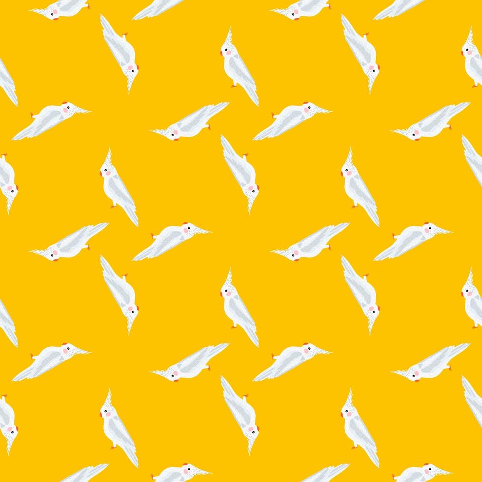 Geometric seamless pattern with white cockatoo parrot exotic bird print. Yellow bright backdrop. vector