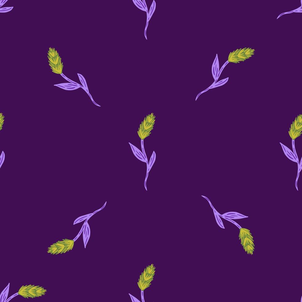 Minimalistic style agriculture print seamless pattern. Purple bright background. Green ornament. Floral backdrop. vector