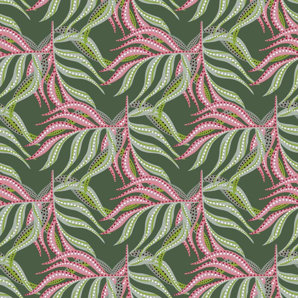 Hand drawn seamless pattern with pink and green palm leaf ornament. Doodle tropic foliage backdrop. vector