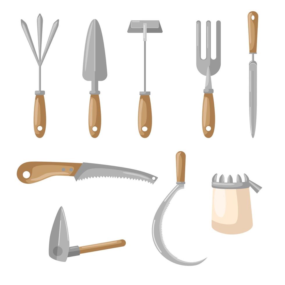 Set agricultural on white backdrop. Scoop, pitchfork, saw, sickle, hoe,rake Flat style vector