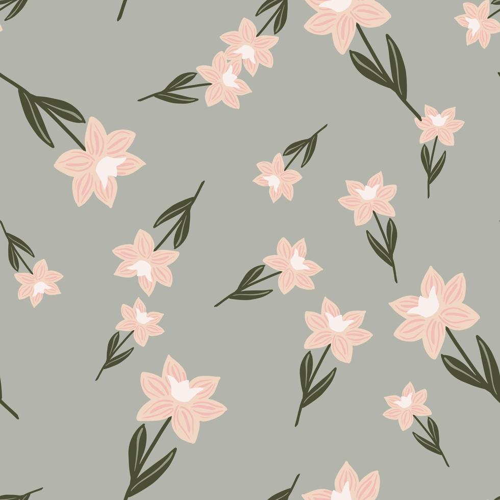Decorative flat flora seamless pattern with random pink simple flower silhouettes print. Grey background. vector