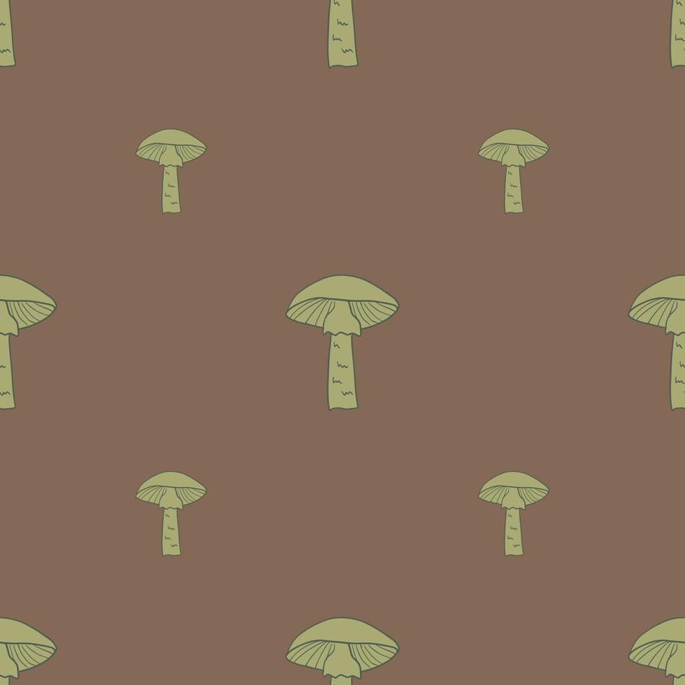 Green contoured mushroom elements seamless pattern in minimalistic style. Brown pastel background. vector