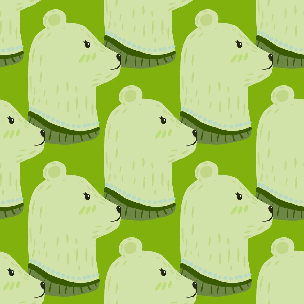 Cartoon seamless pattern with hand drawn bear head profile print. Green bright background. vector