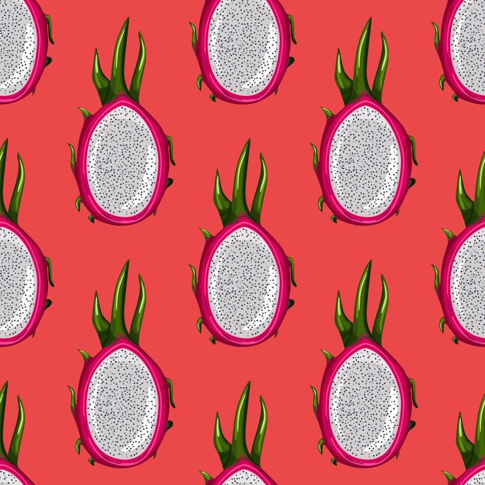 Geometric seamless pattern with half red dragon fruit on bright background. Exotic tropical pitayas wallpaper. vector