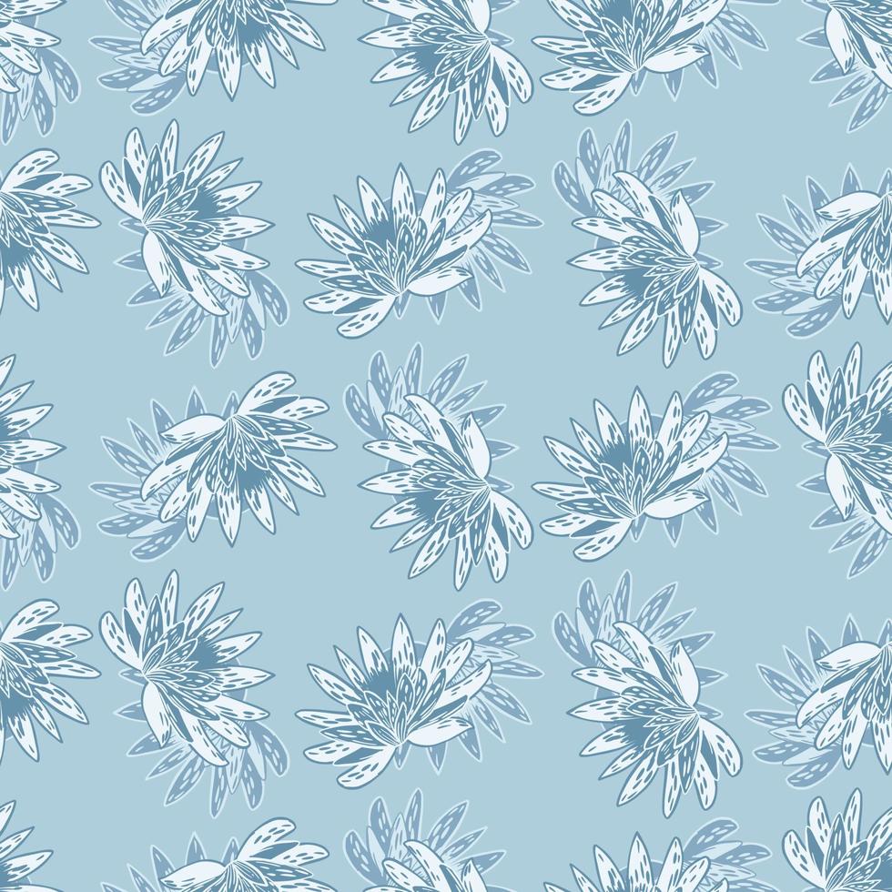 Seamless pattern with hand drawing lotus on light blue background. Vector floral template in doodle style. Gentle summer botanical texture.