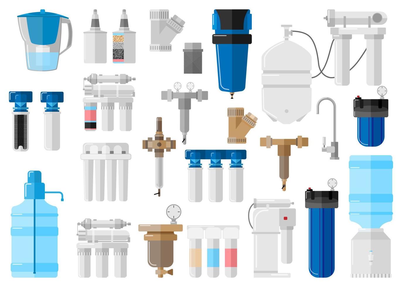 kit de filtro de agua sobre fondo blanco en estilo plano. establecer equipos para procesos con tecnologías modernas especiales de purificación de agua vector