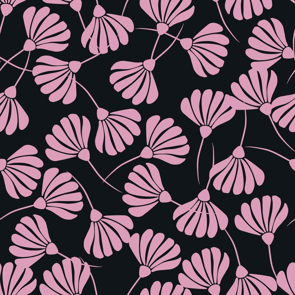Contrast random seamless pattern with pink flower silhouettes ornament. Black background. vector