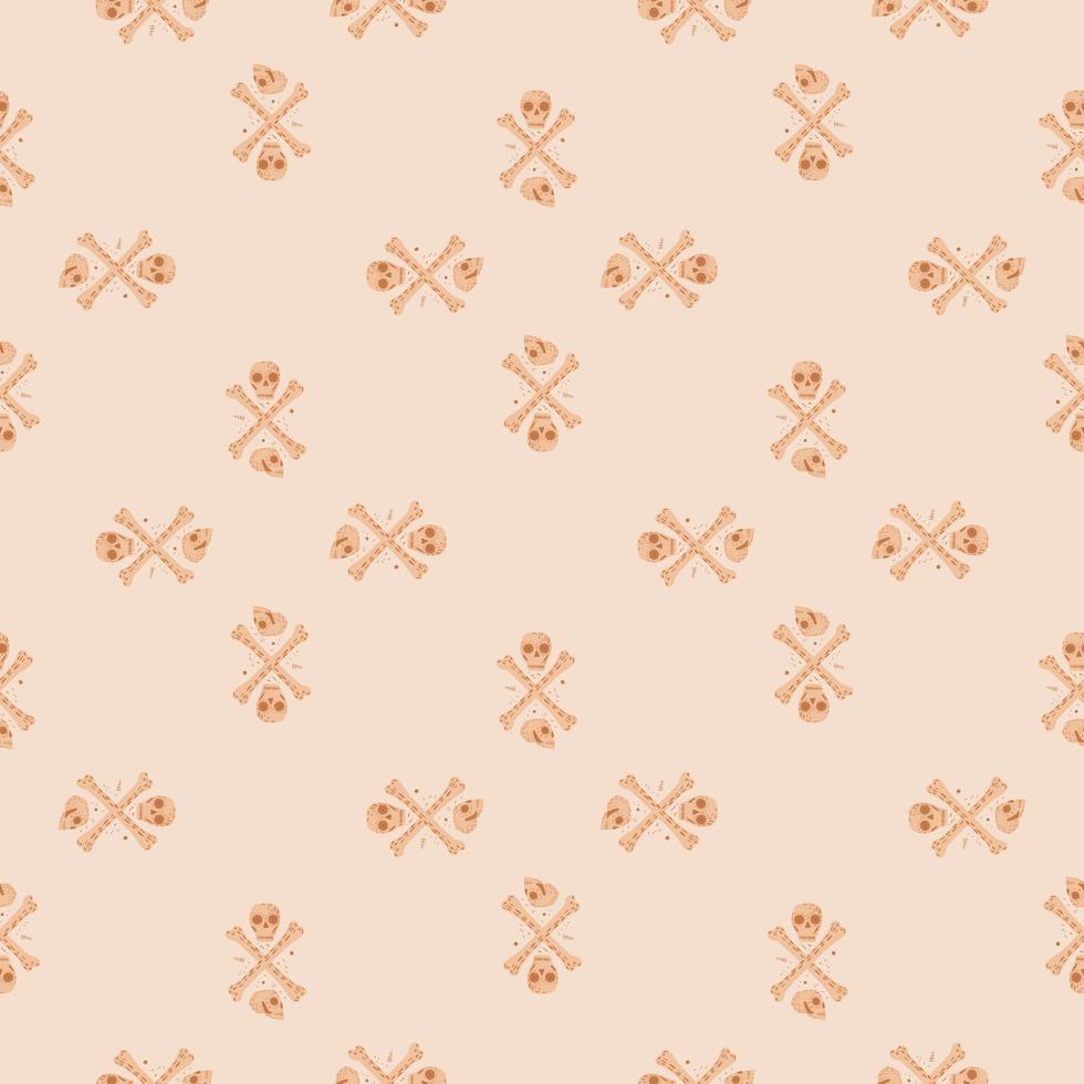 Cartoon seamless pattern with orange skeleton silhouettes. Skulls and bones ornament on light pink background. vector