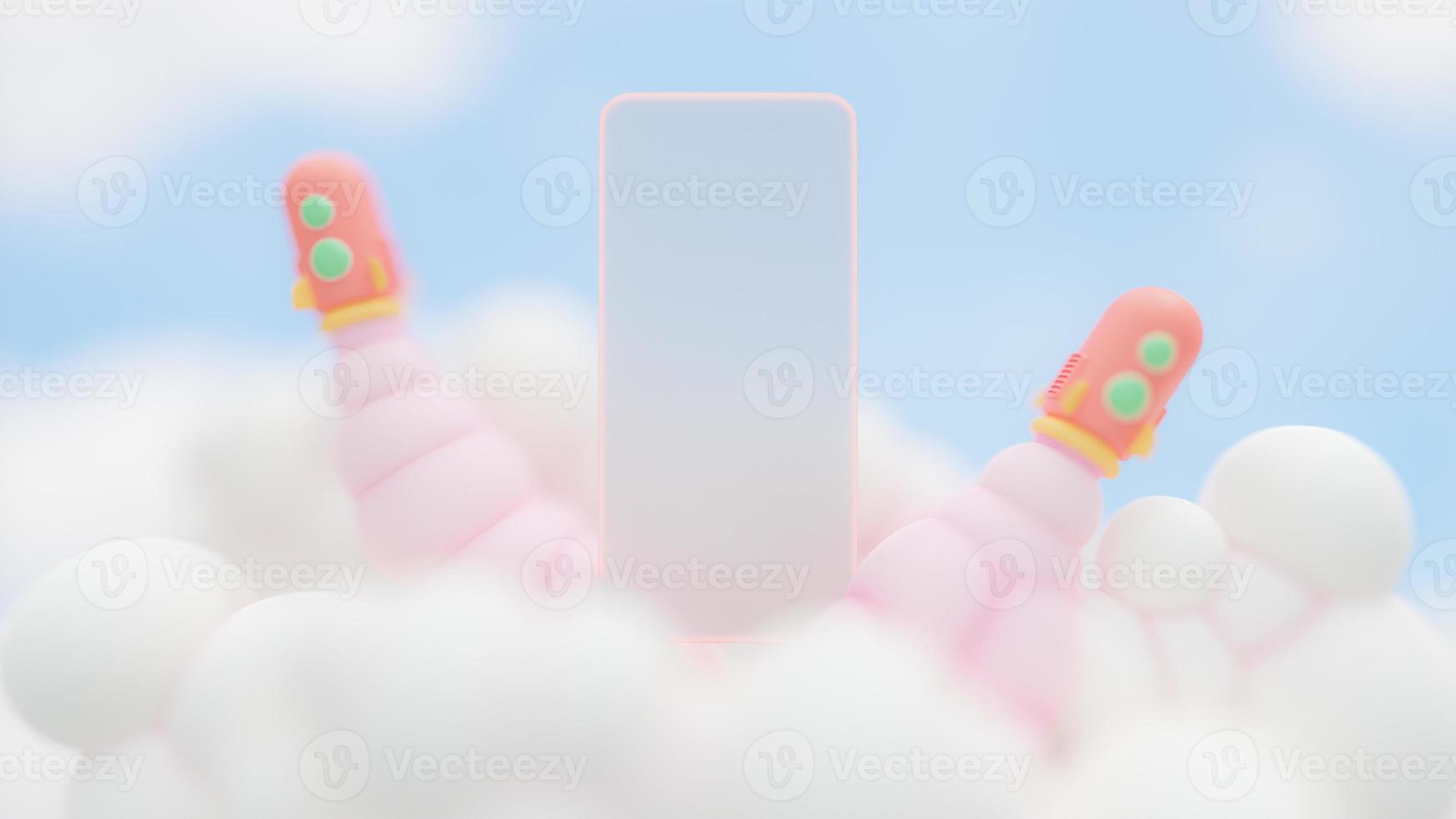 Transparent smartphone screen  rough texture and rocket on blue sky background. to put your banner and logo or message. minimal concept, 3D Render. photo