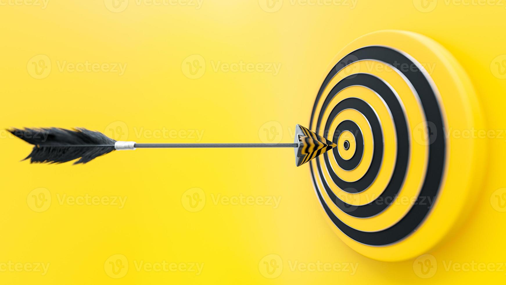 la flecha o el dardo se precipitan hacia el tablero de dardos negro y amarillo. enfoque selectivo de flecha. concepto de objetivo o meta. renderizado 3d foto