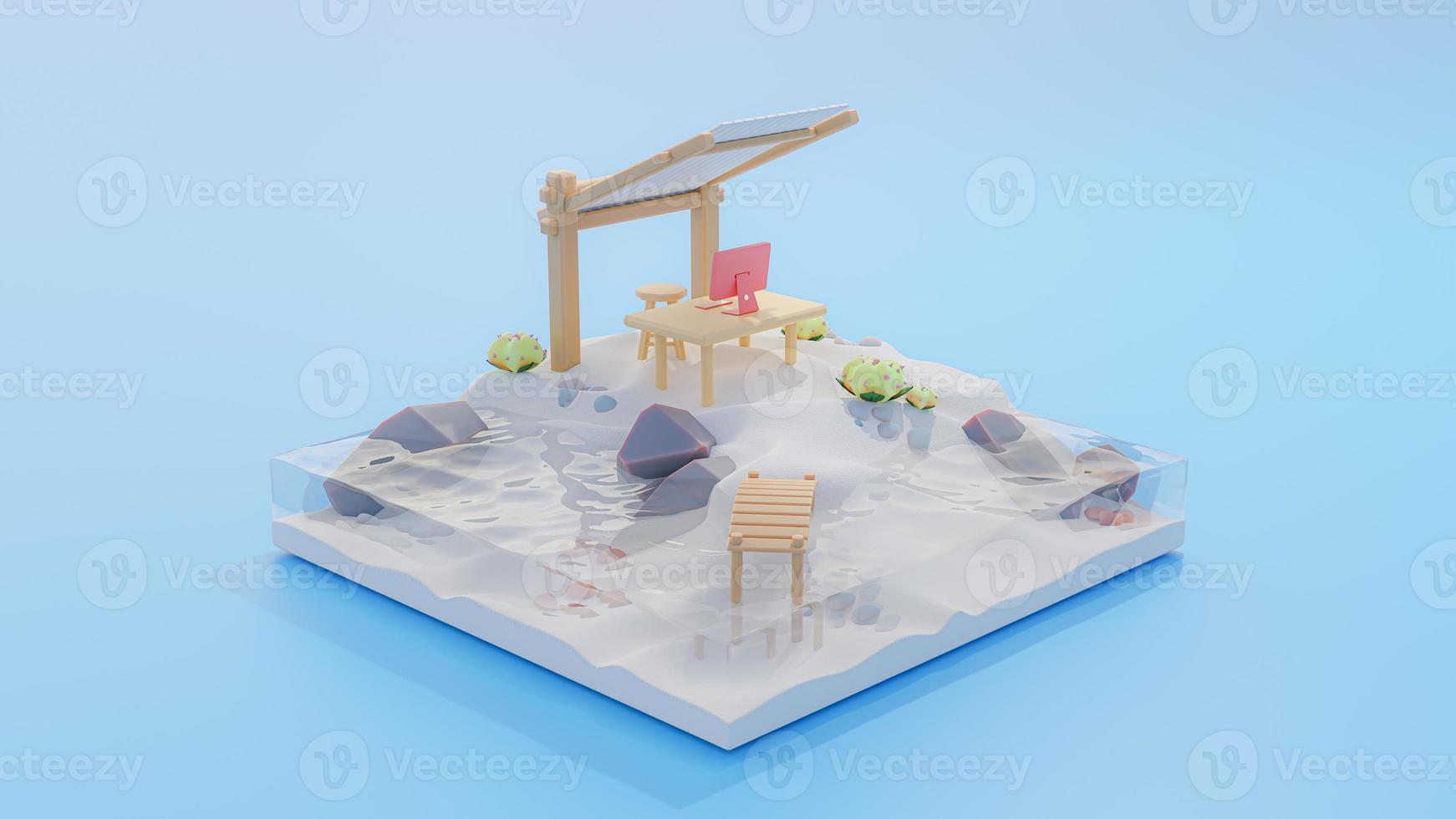 Model yellow desk with pink computer. Located on island in middle of the sea on blue sea background. Isolation idea concept, 3D Render. photo