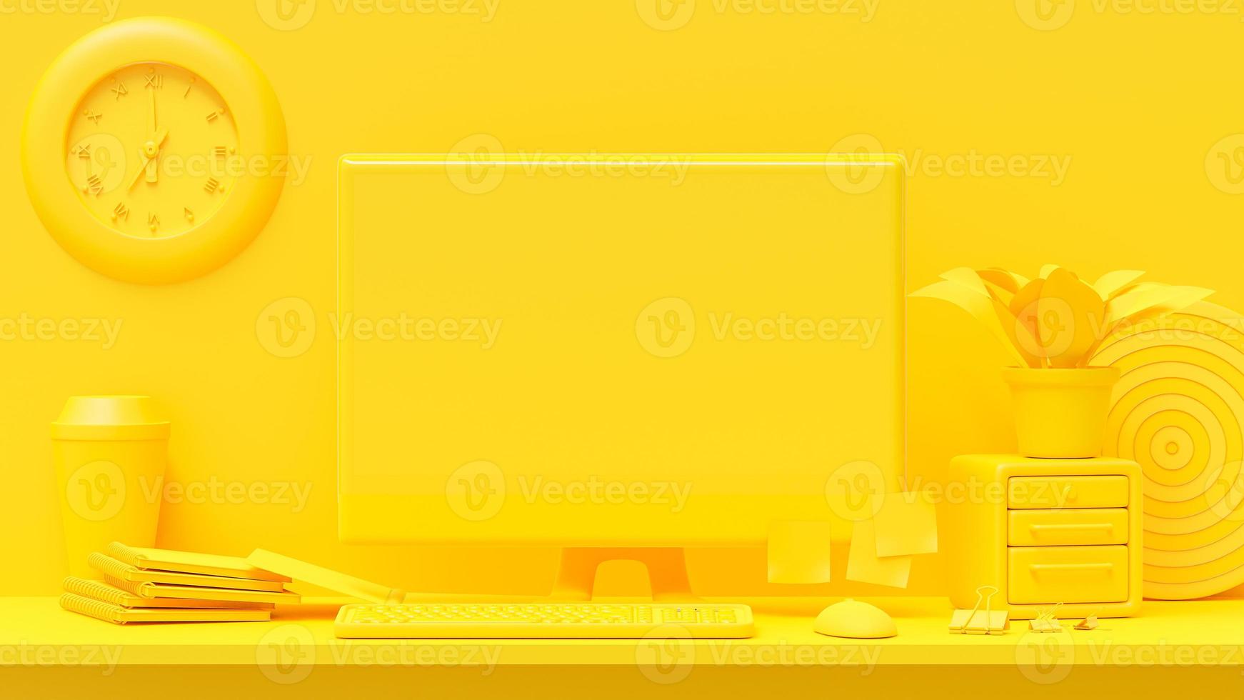 Minimal concept, computer on table Work desk yellow color and mock-up for your text with notebook ,mouse ,clock ,Paper clip and Dartboard. 3d render. photo