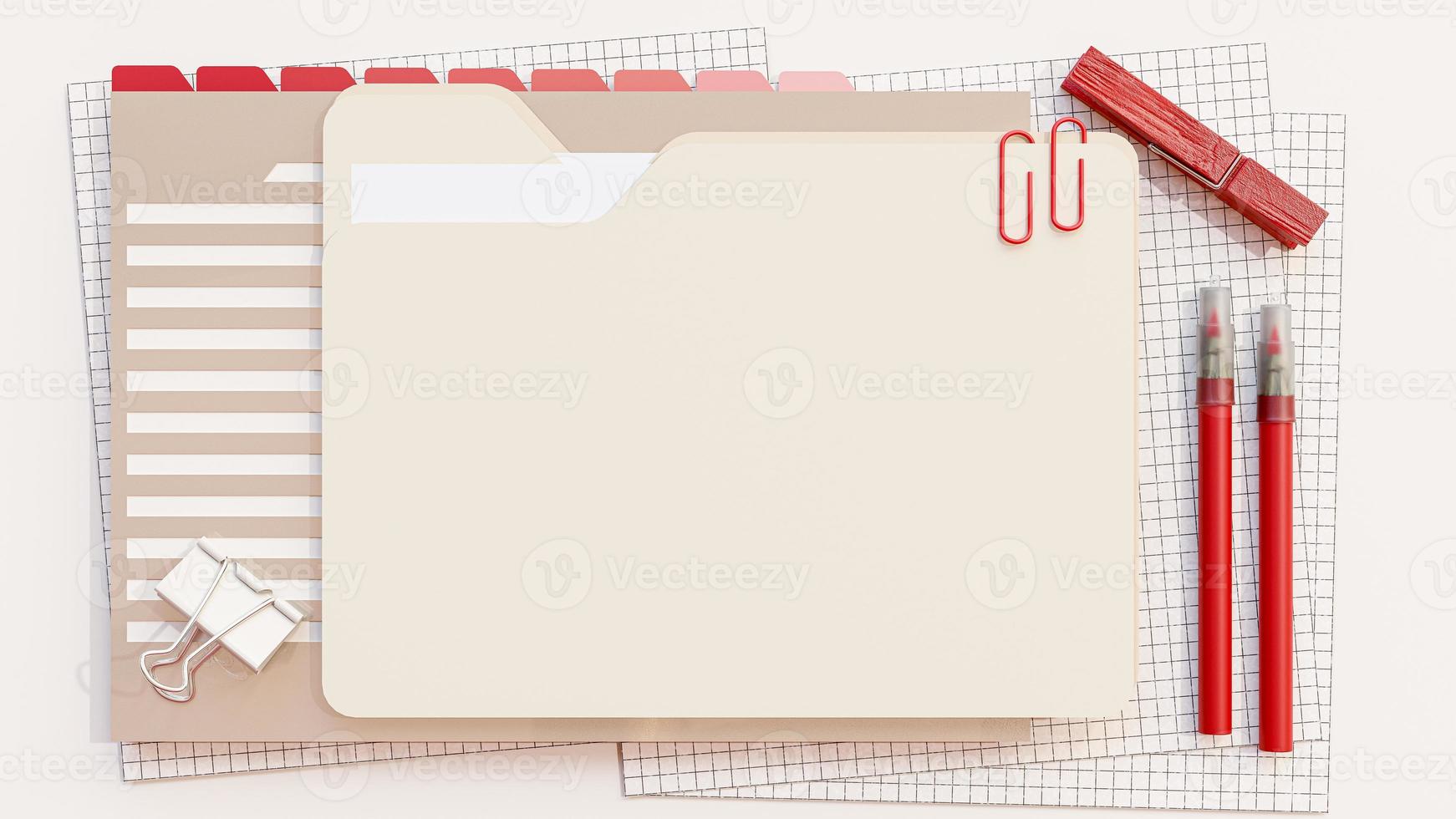 Document folder and office supplies such as red pencil, paper clip placed on work desk. Space for banner and logo background. 3D Render. photo