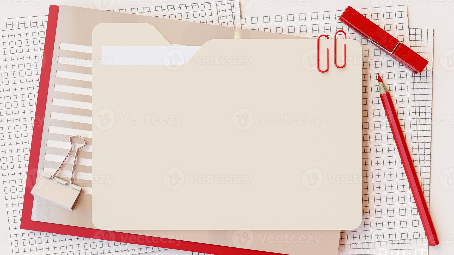 Document folder and office supplies such as red pencil, paper clip placed on work desk. Space for banner and logo background. 3D Render. photo