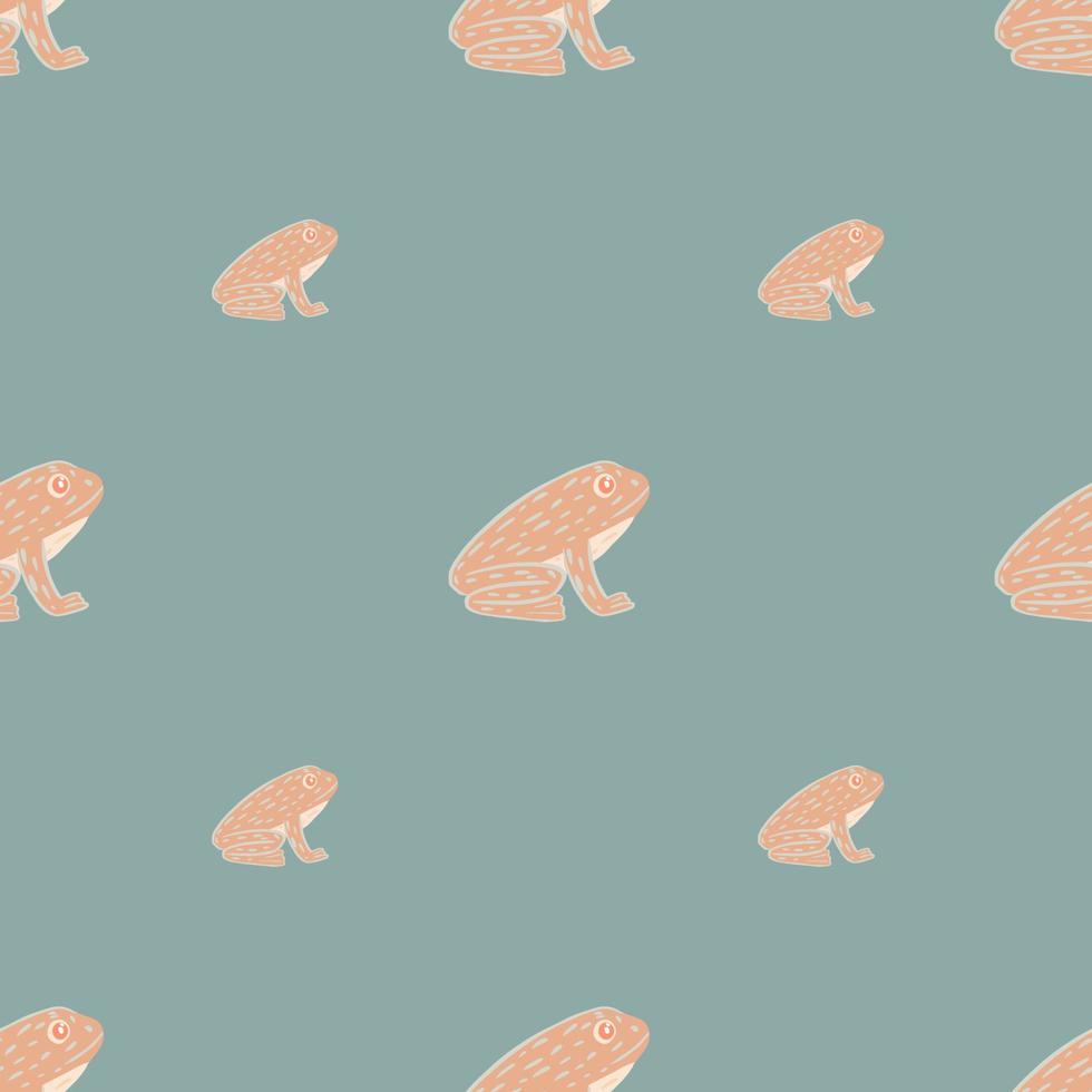 Pastel palette seamless pattern with pink colored frog ornament. Blue background. Simple design. vector