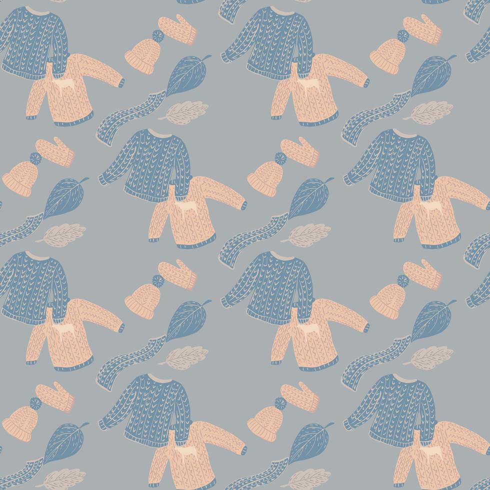 Christmas seamless cozy pattern with sweaters, mittens, scarfs and hats silhouette. Blue and pink palette. vector
