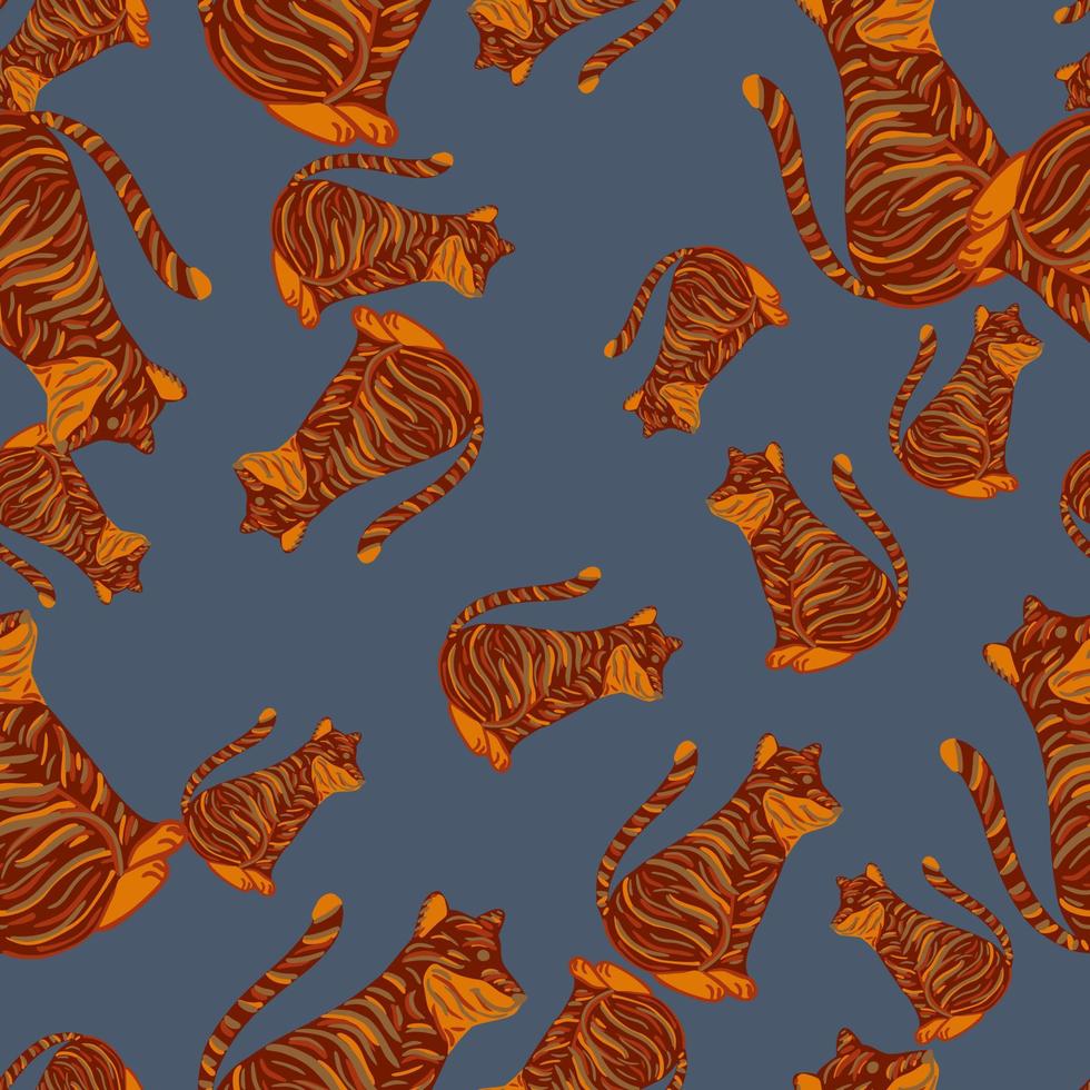 Random zoo seamless pattern in childish style with orange tiger silhouettes. Pale blue background. vector