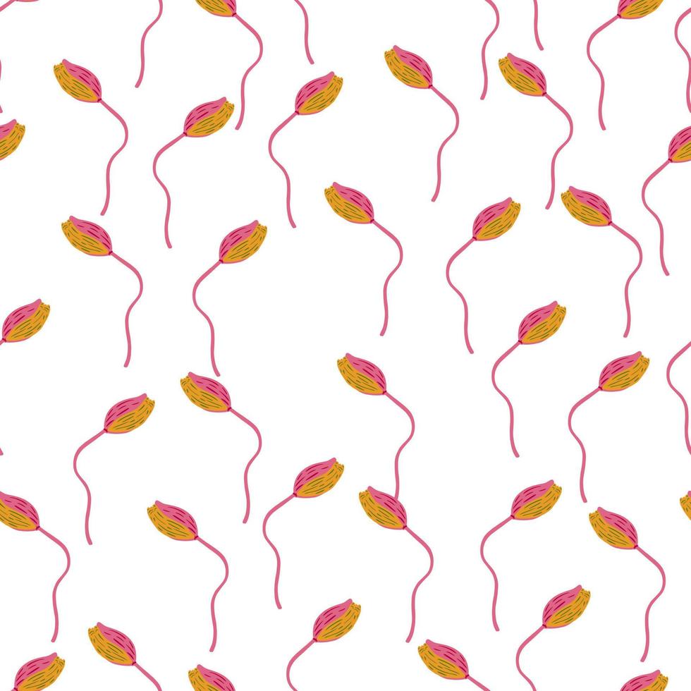 Isolated seamless pattern with small yellow and pink poppy bud flower silhouettes ornament. White background. vector