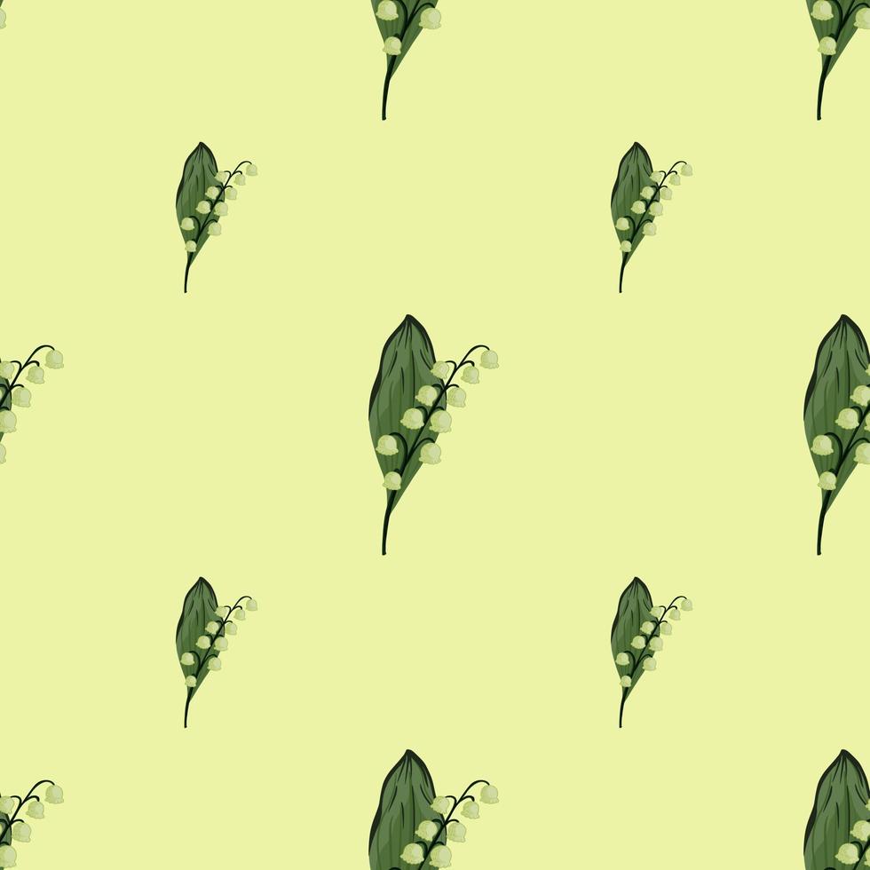 Minimalistic style seamless doodle pattern with green spring lily of the valley shapes. Pastel background. vector