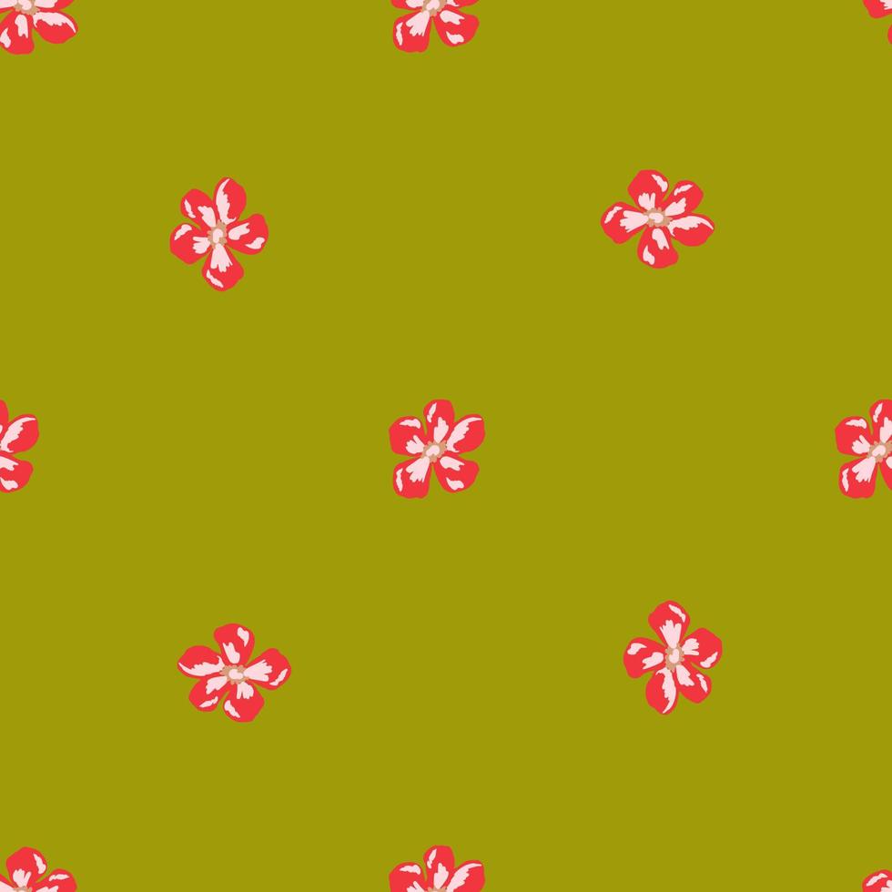 Minimalistic style seamless pattern with pink daisy flowers ornament. Green olive background. Doodle print. vector