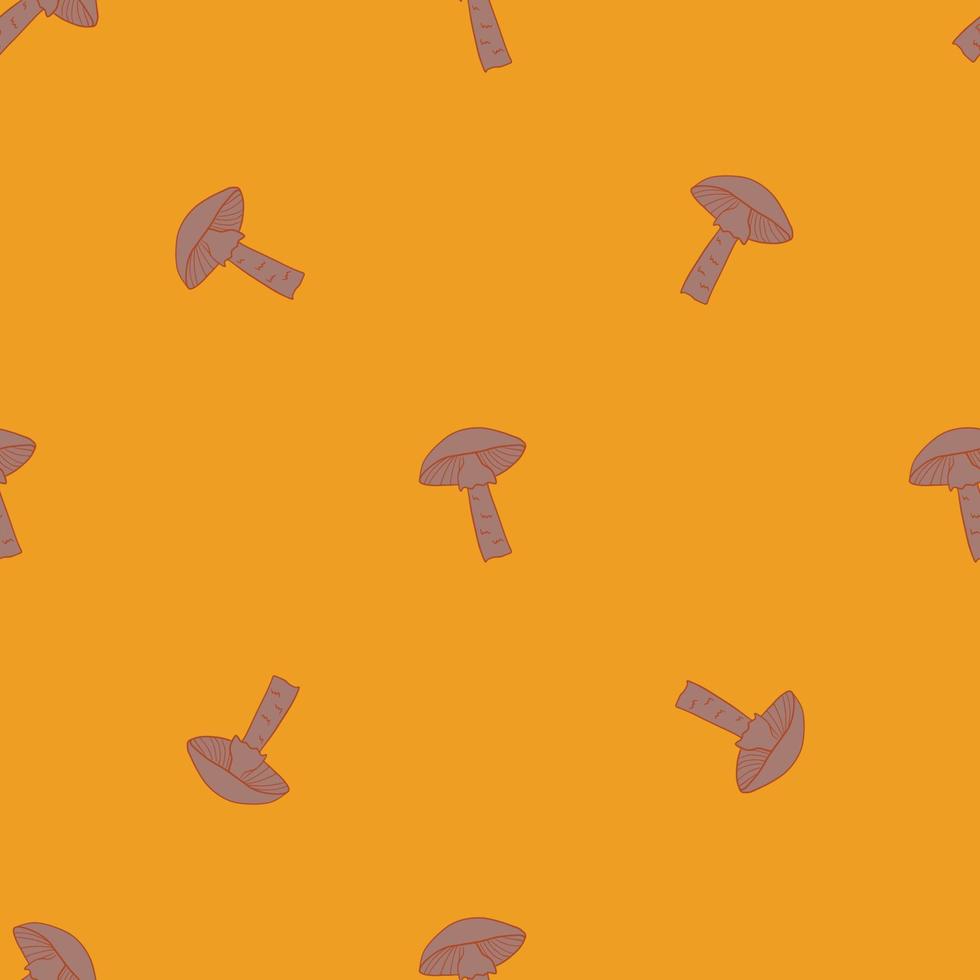 Minimalistic style seamless doodle pattern with brown little mushroom ornament. Orange background. vector