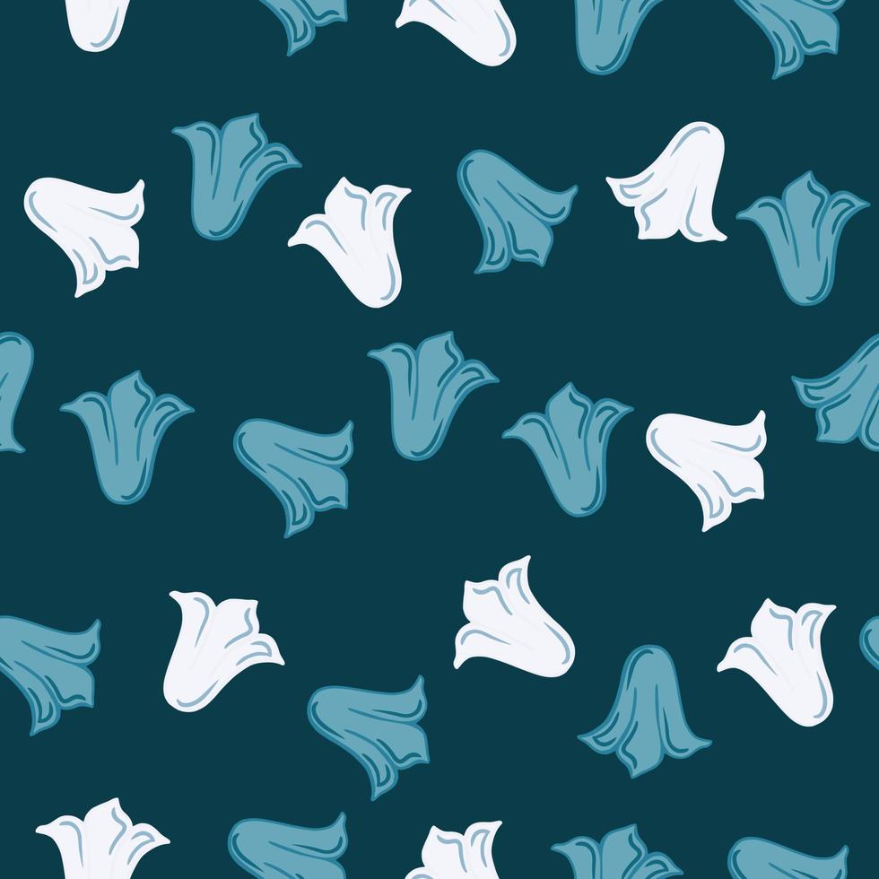 Blossom botanic floral seamless pattern with random blue and white tulip buds flower print. Dark background. vector