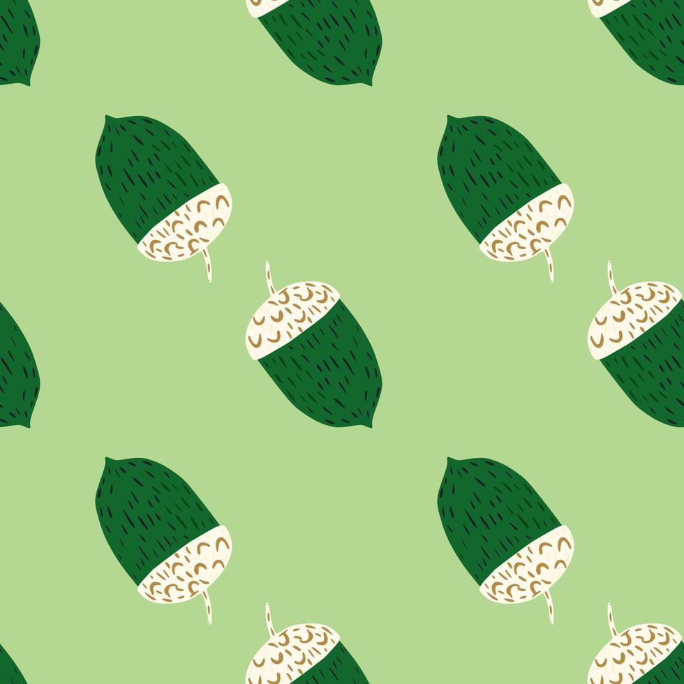 Doodle seamless fall pattern with green and white colored acorn ornament. Pastel background. vector