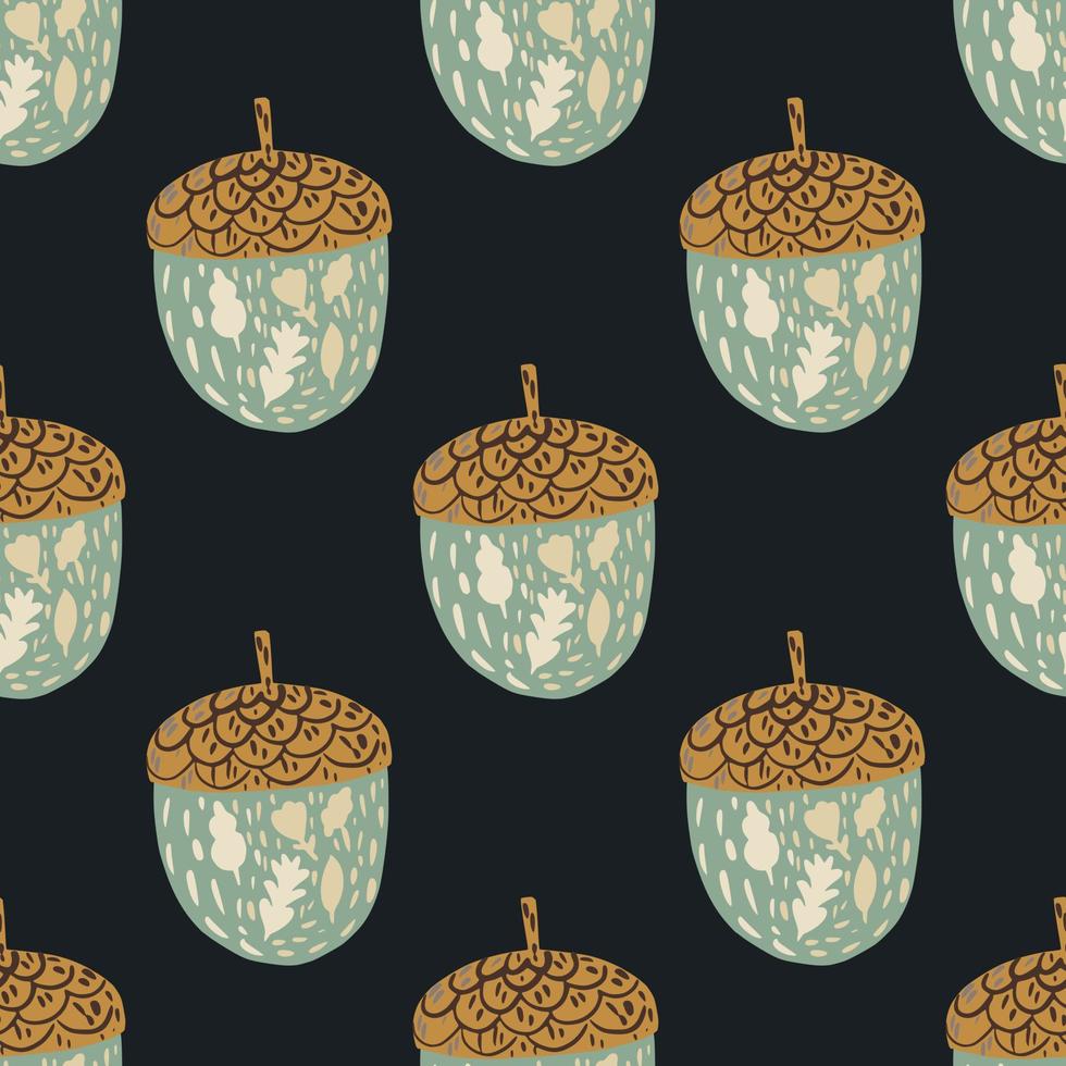 Organic seamless nature pattern with pale blue and brown acorn elements. Black background. vector