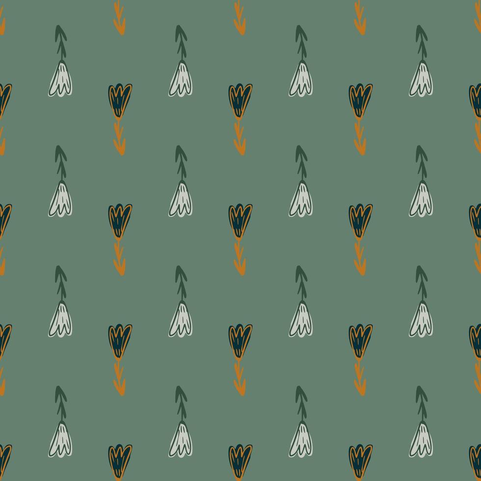 Outline tulip flowers pale seamless pattern on green background. Botanic flora backdrop. vector
