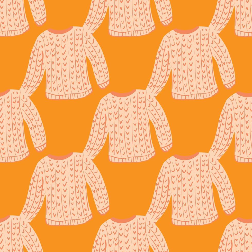 Scandi fashion seamless pattern with light knitted sweater shapes on bright orange background. vector