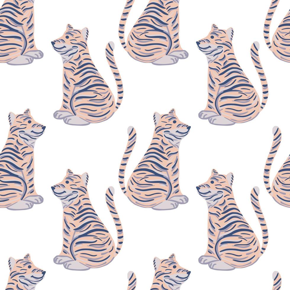 Cartoon doodle tiger ornament seamless isolated pattern. Pale pink print. White background. Zoo style. vector