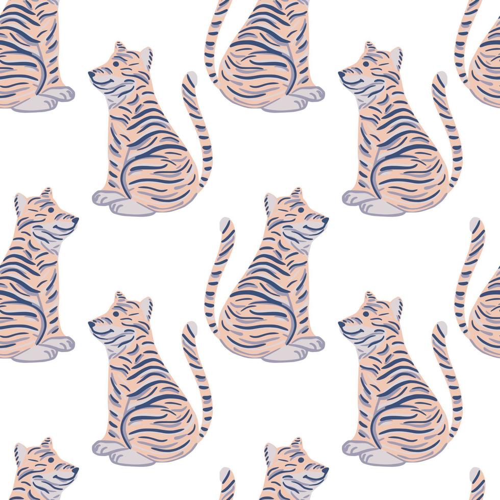 Cartoon doodle tiger ornament seamless isolated pattern. Pale pink print. White background. Zoo style. vector